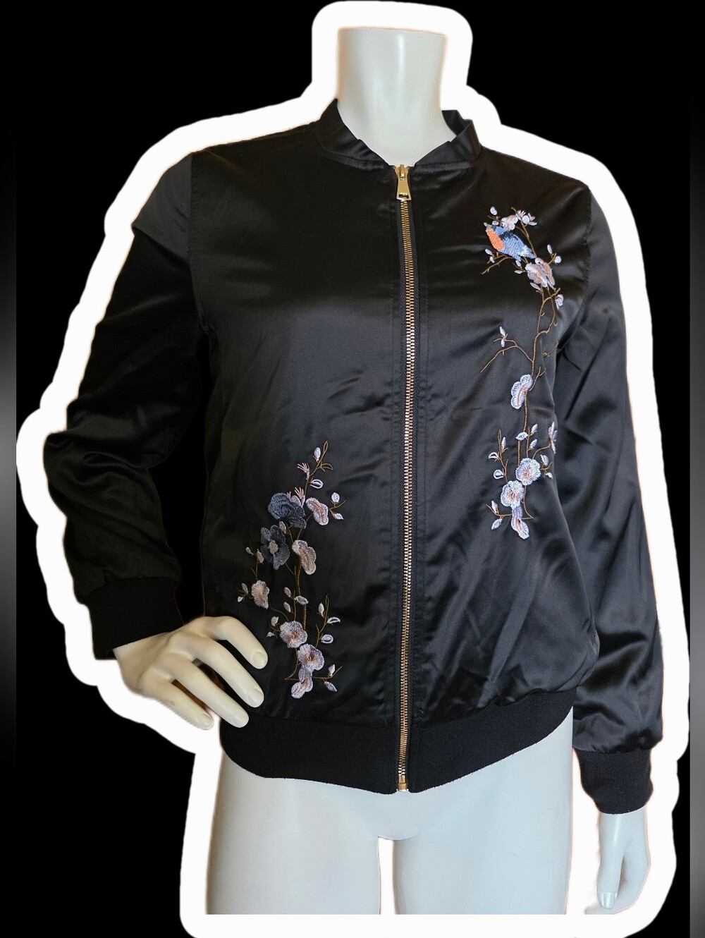 Le Chateau Black Satin Bomber Jacket with Floral Embroidery